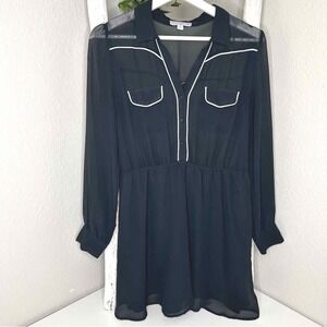 Cotton On Black Sheer Long Sleeve Mini‎ Dress White Trim Collared Small